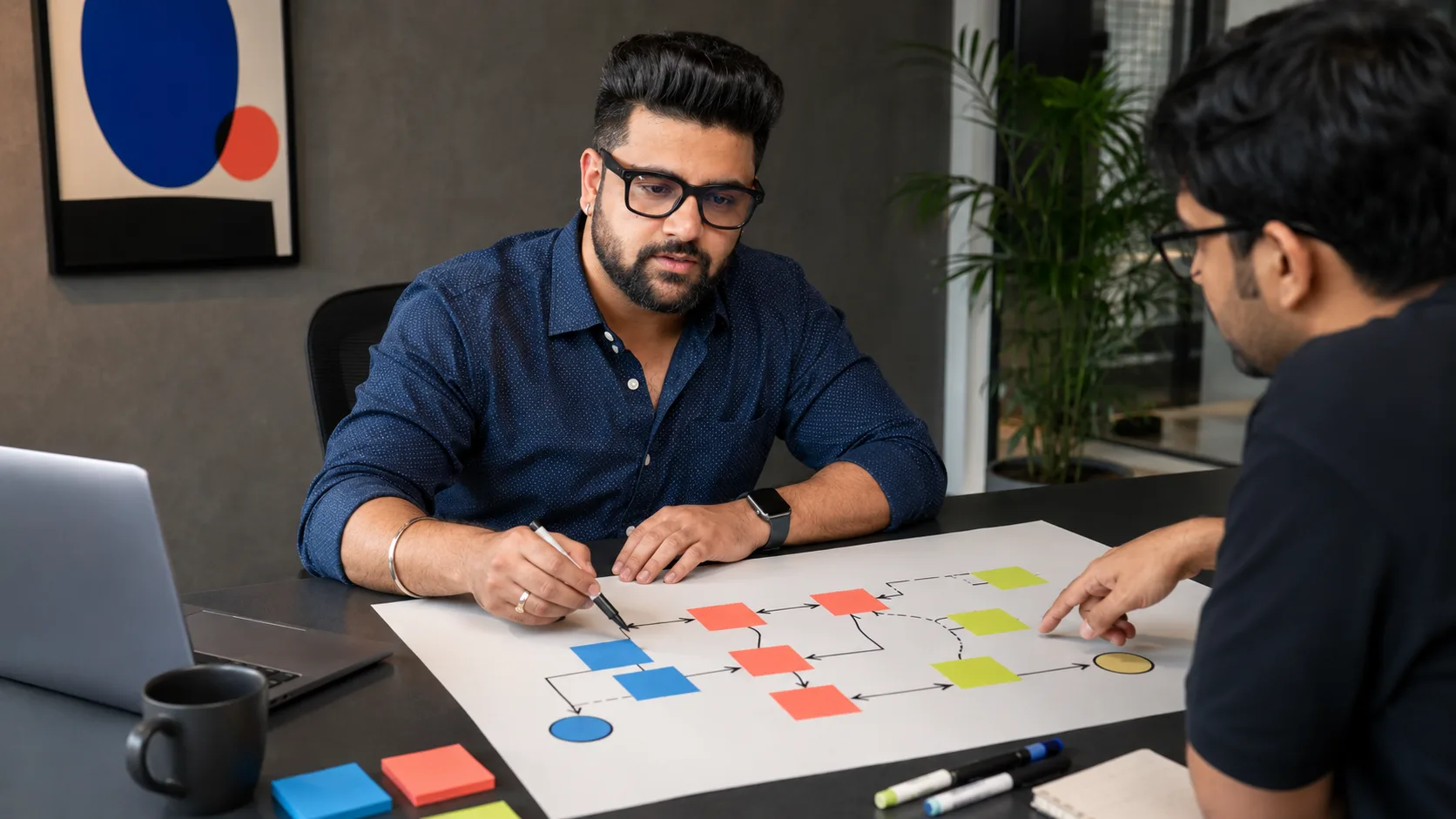 An AI consultant mapping a client workflow with a collaborator