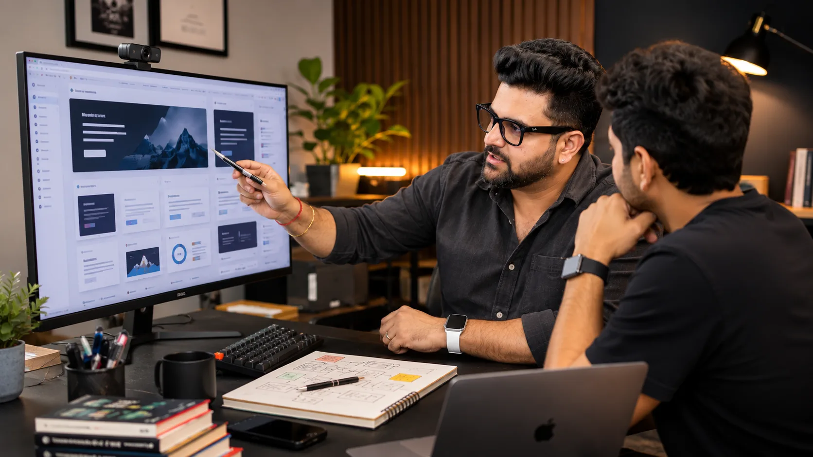 Two professionals inspecting a product portfolio together