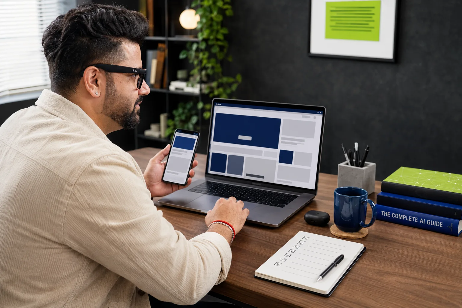 A builder reviewing a shipped web product across laptop and phone